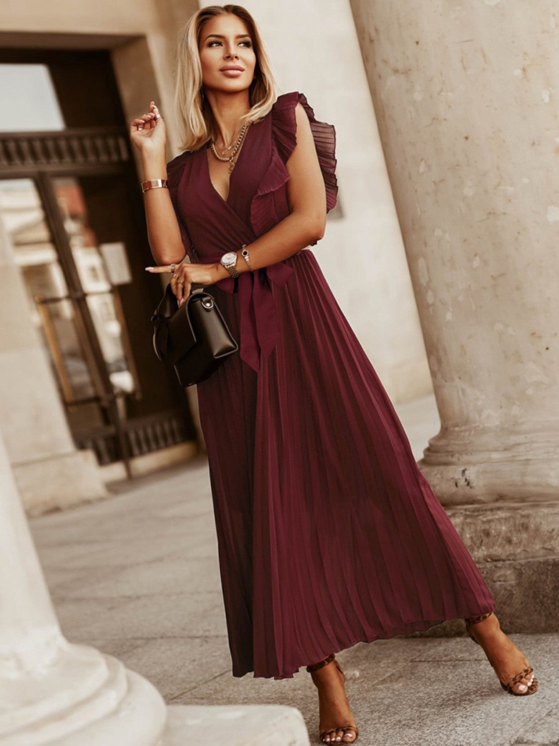 Tied Surplice Cap Sleeve Pleated Dress - Siennasass