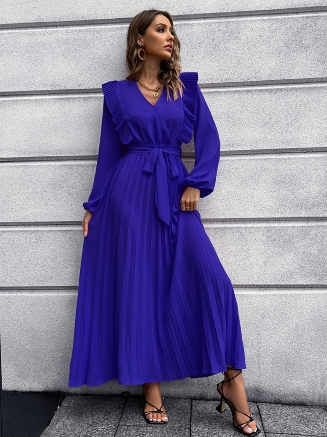 Pleated Surplice Tie Waist Maxi Dress - Siennasass