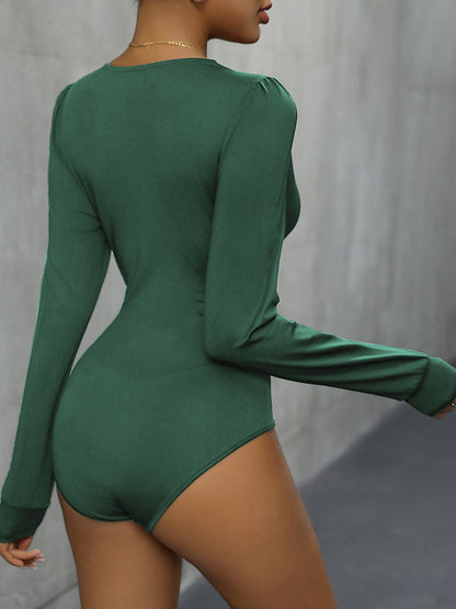Lace Detail Plunge Long Sleeve Bodysuit - Siennasass
