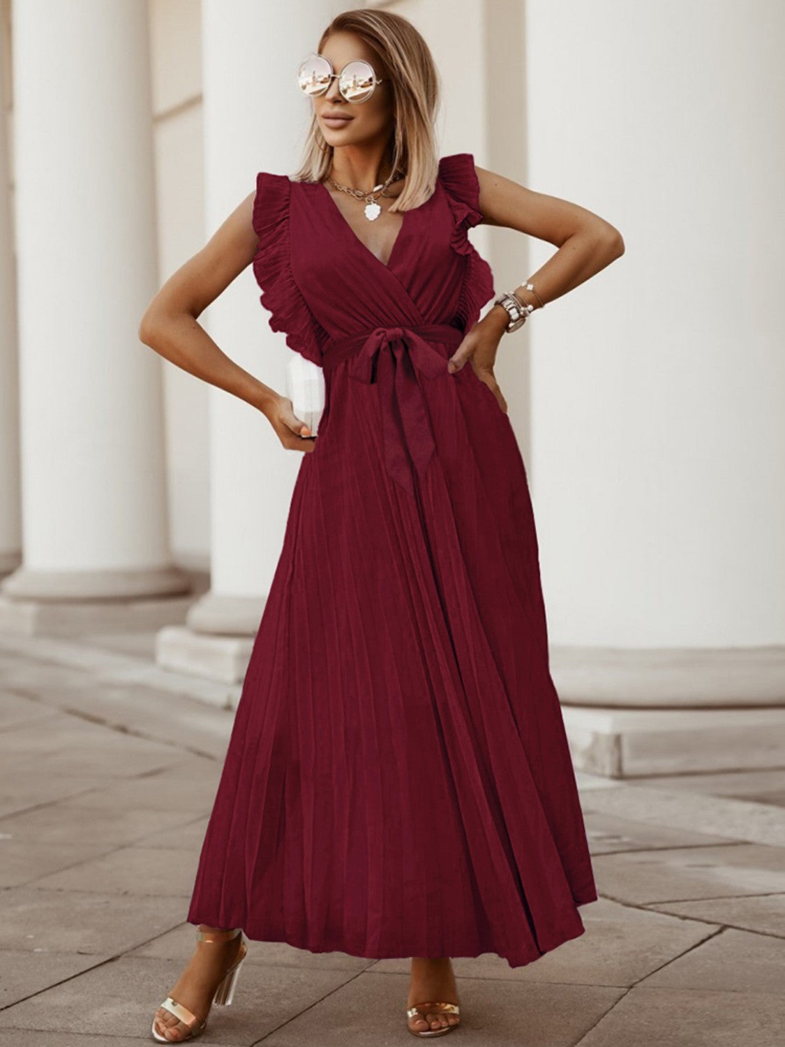 Tied Surplice Cap Sleeve Pleated Dress - Siennasass