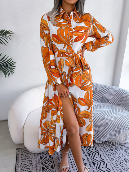 Tied Button Up Long Sleeve Dress - Siennasass