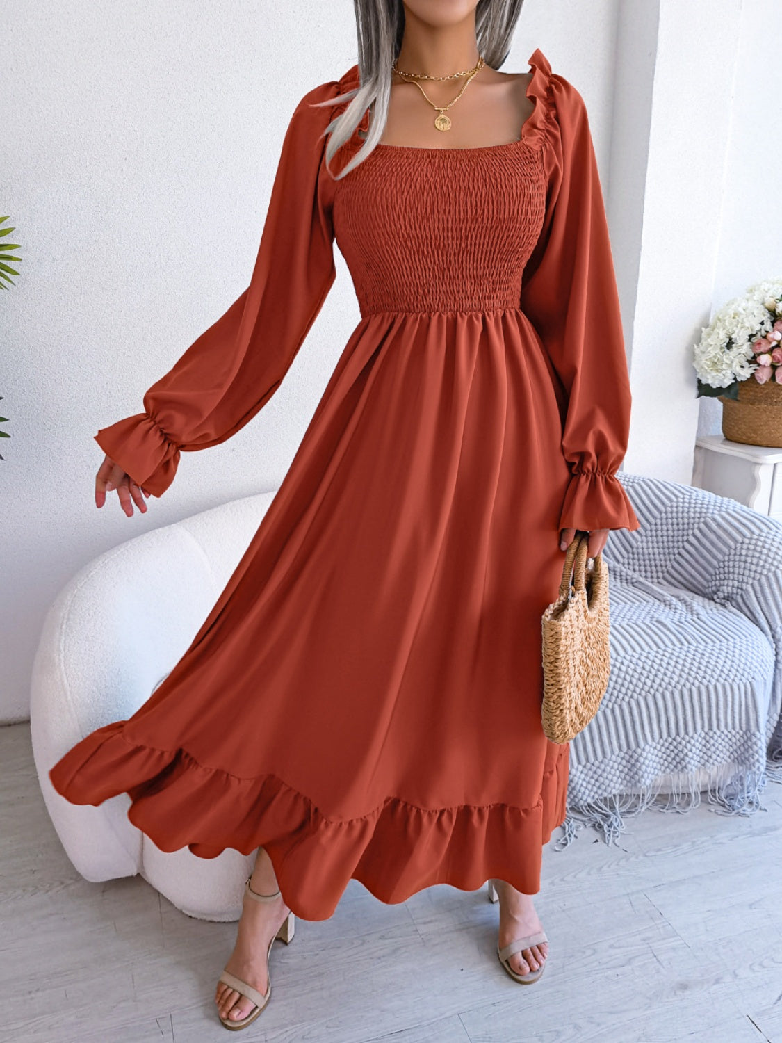 Smocked Square Neck Flounce Sleeve Dress - Siennasass