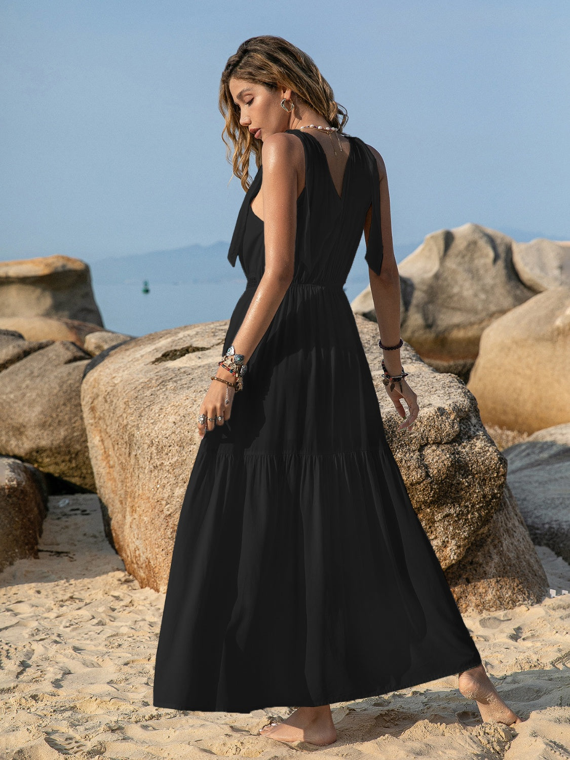V-Neck Tie Shoulder Crochet Maxi Dress - Siennasass