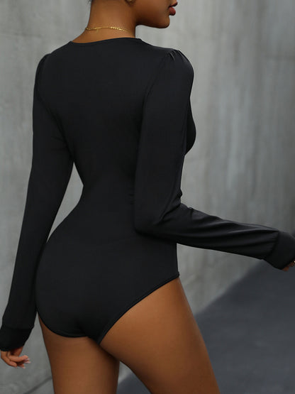 Lace Detail Plunge Long Sleeve Bodysuit - Siennasass