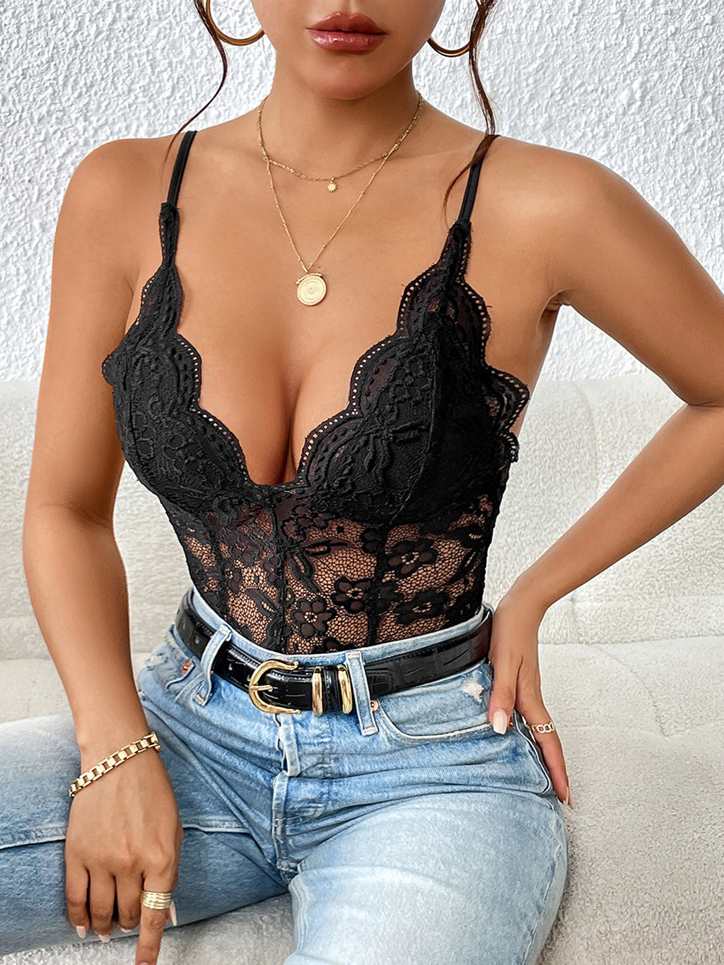 Lace V-Neck Spaghetti Strap Bodysuit - Siennasass