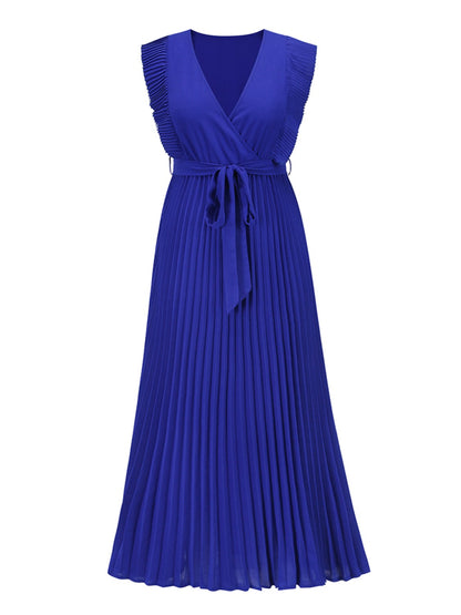 Tied Surplice Cap Sleeve Pleated Dress - Siennasass