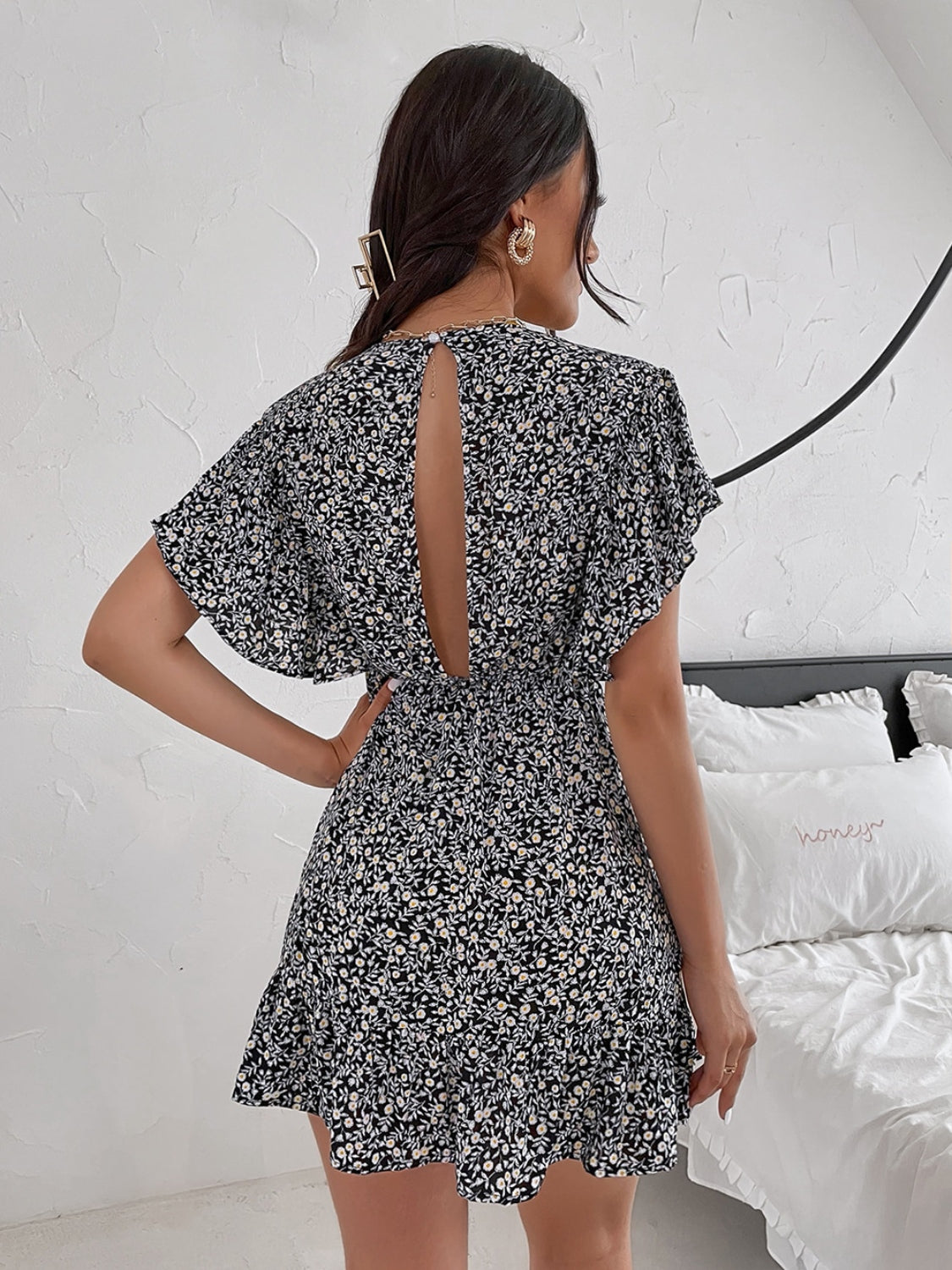 Cutout Ditsy Floral Surplice Flounce Sleeve Dress - Siennasass