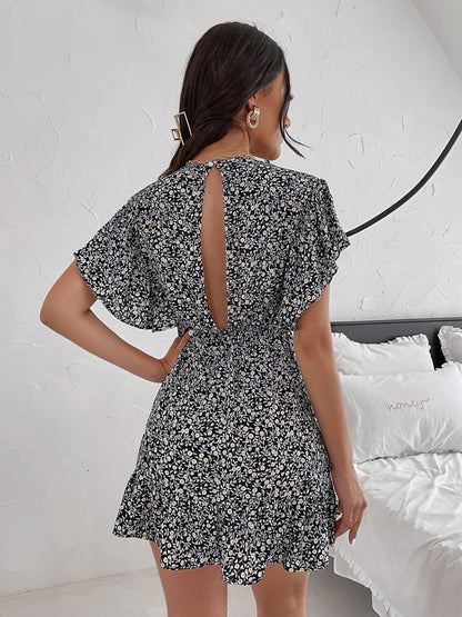 Cutout Ditsy Floral Surplice Flounce Sleeve Dress - Siennasass