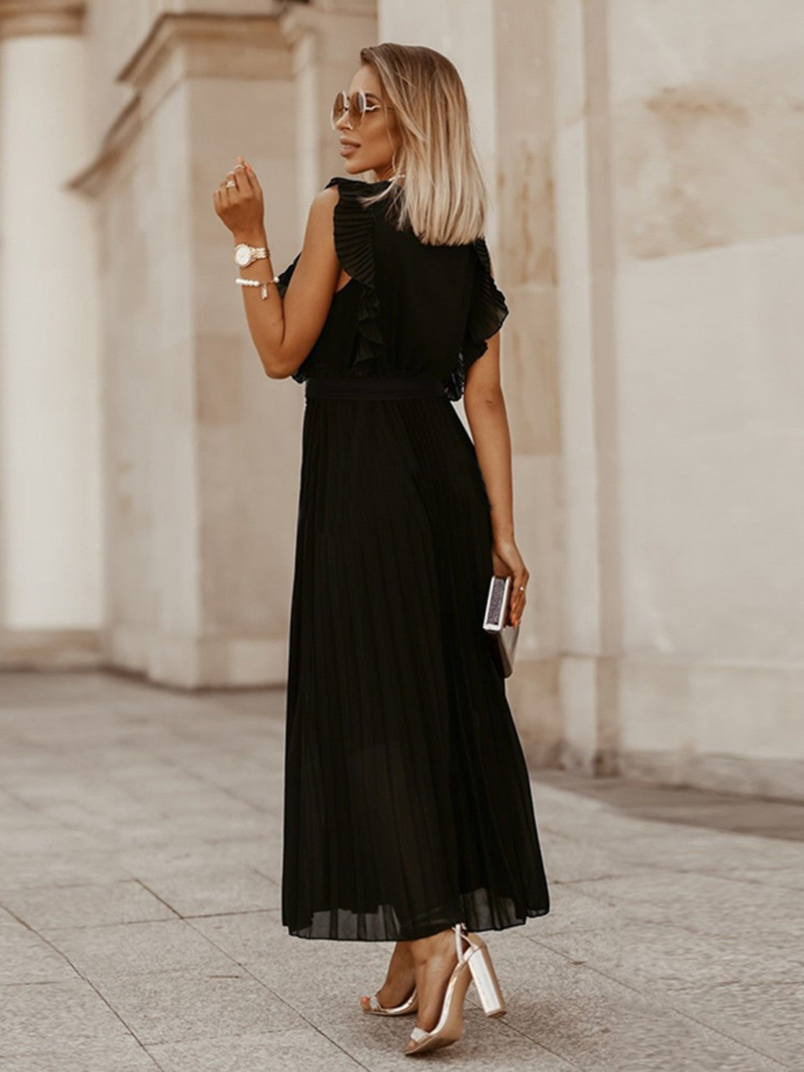 Tied Surplice Cap Sleeve Pleated Dress - Siennasass