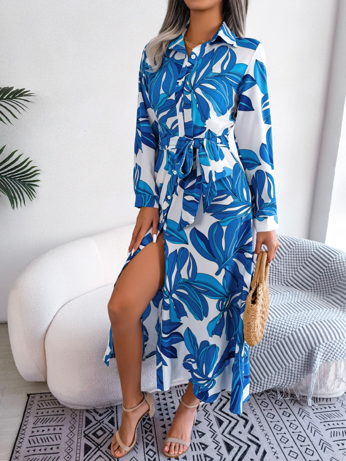 Tied Button Up Long Sleeve Dress - Siennasass