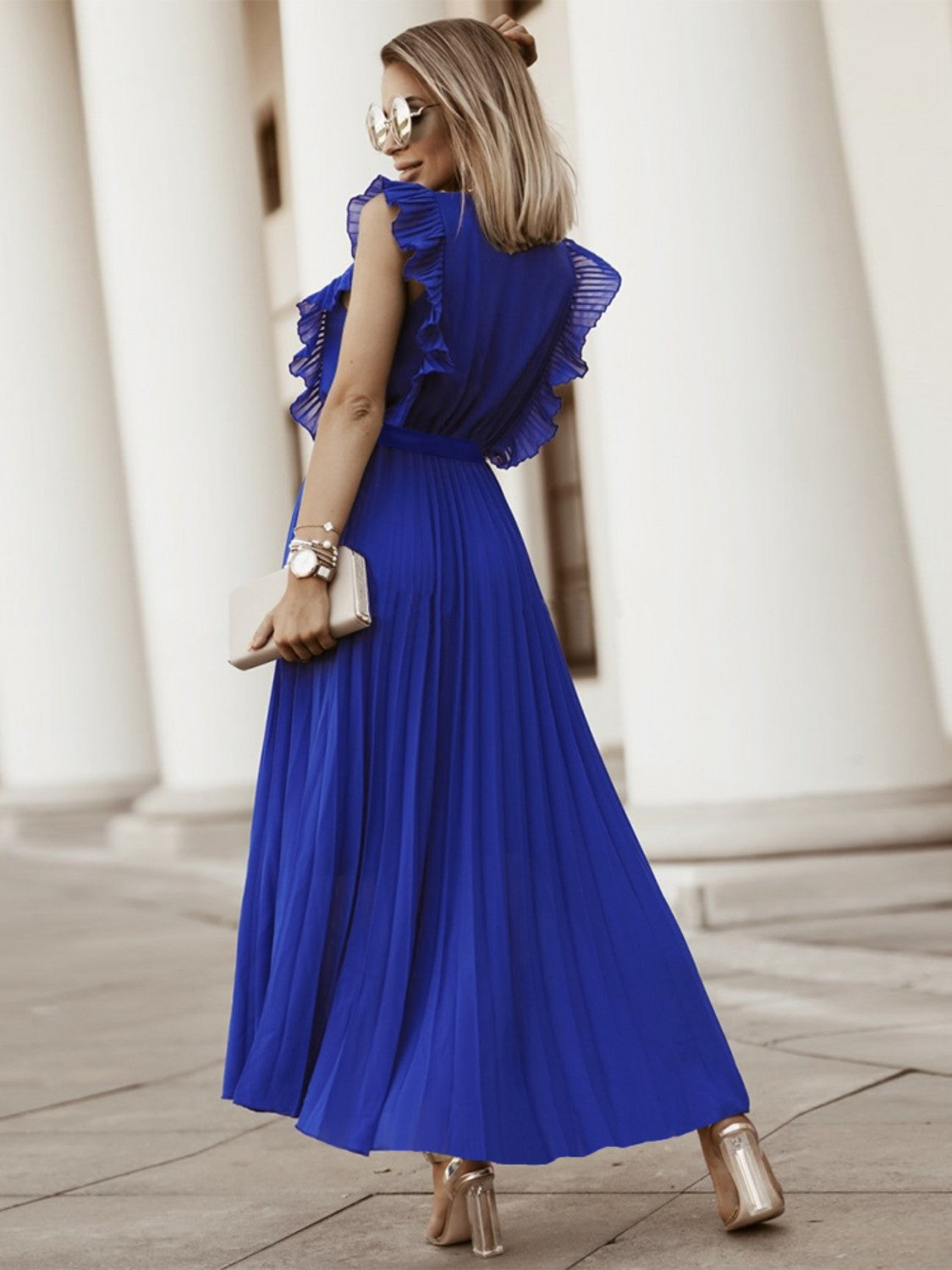 Tied Surplice Cap Sleeve Pleated Dress - Siennasass
