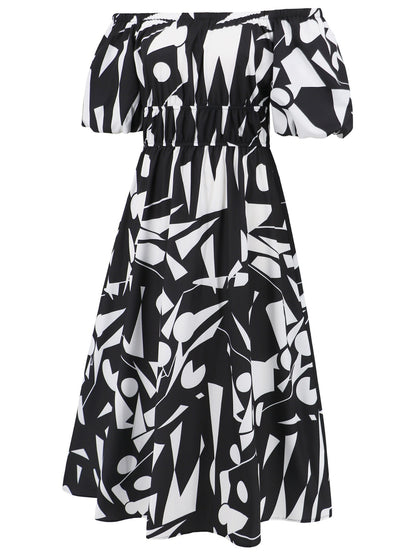 Printed Off-Shoulder Balloon Sleeve Dress - Siennasass