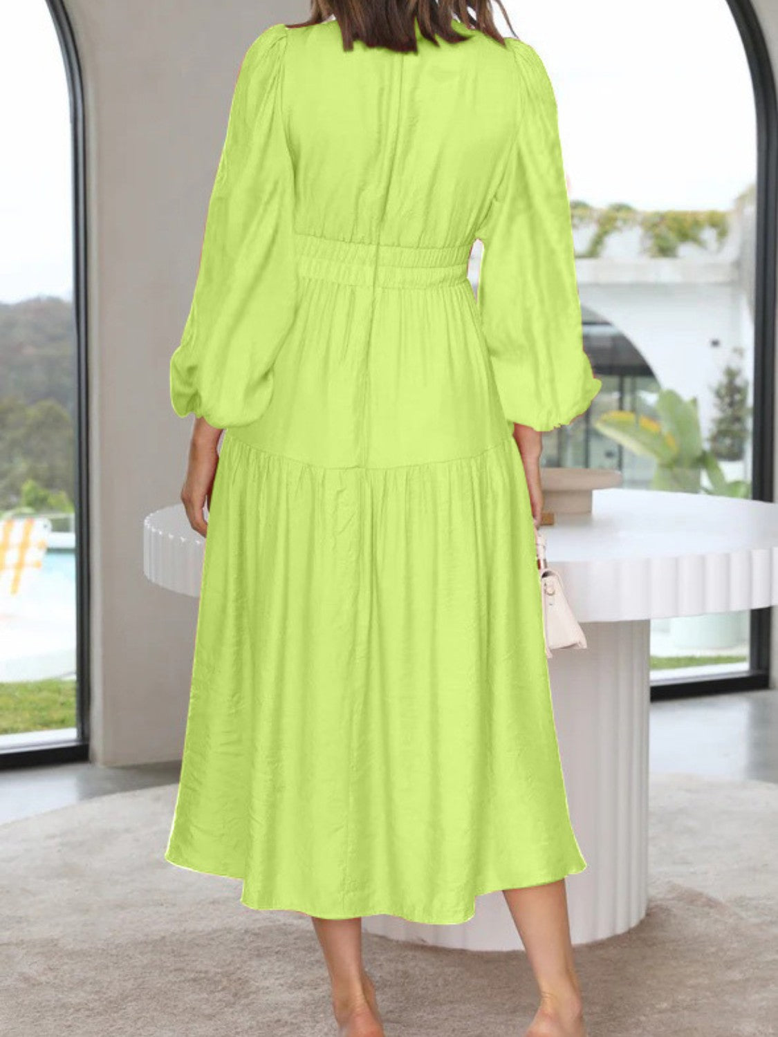 Deep V-Neck Balloon Sleeve Plain Maxi Dress - Siennasass