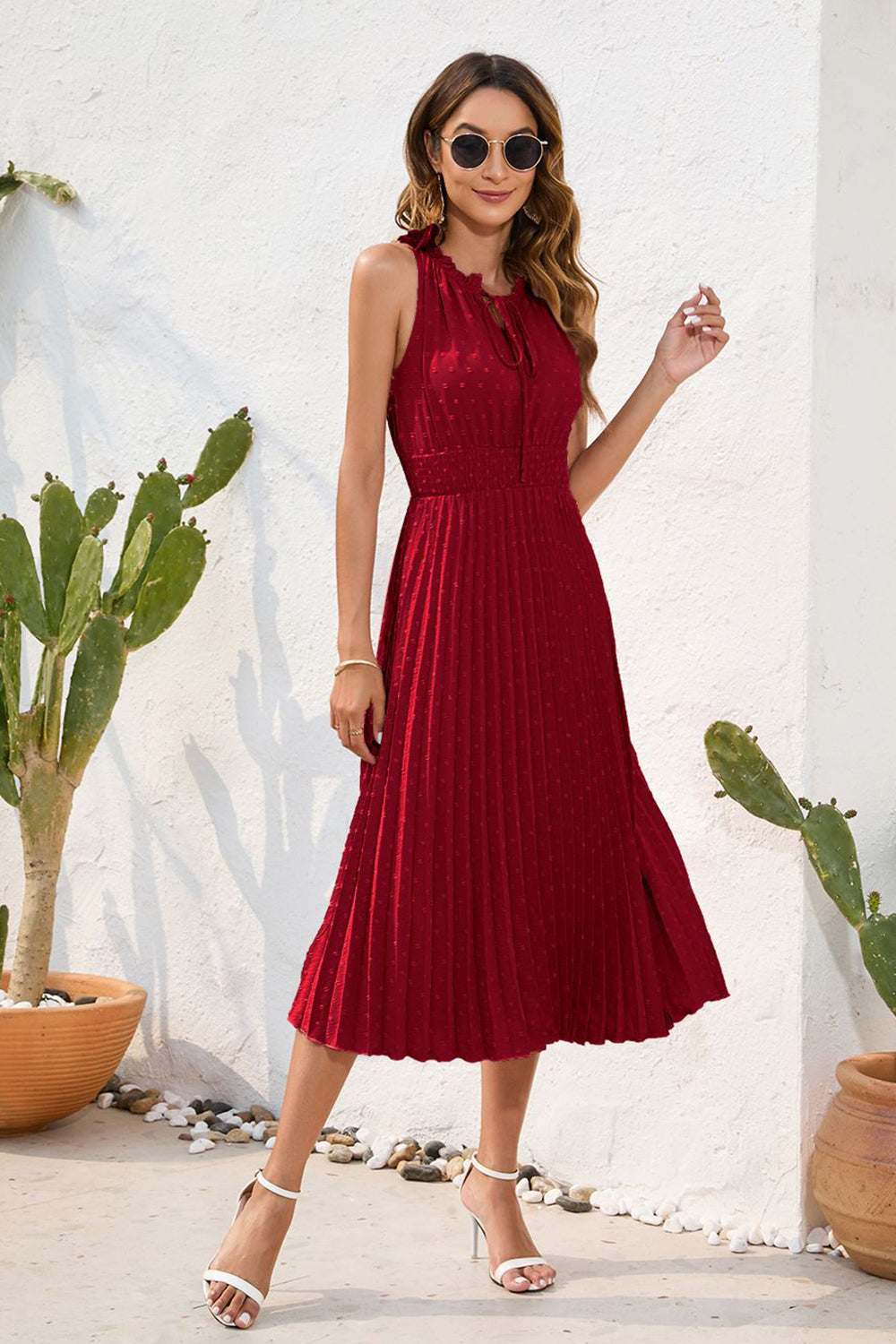 Swiss Dot Tie Neck Sleeveless Dress - Siennasass