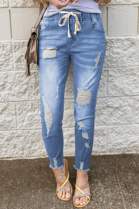 Drawstring Distressed Raw Hem Jeans with Pockets - Siennasass