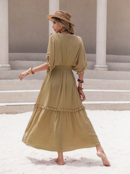 Tassel Trim Smocked V-Neck Short Sleeve Dress - Siennasass