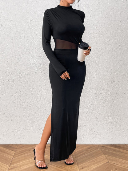 Slit Mock Neck Long Sleeve Maxi Dress - Siennasass