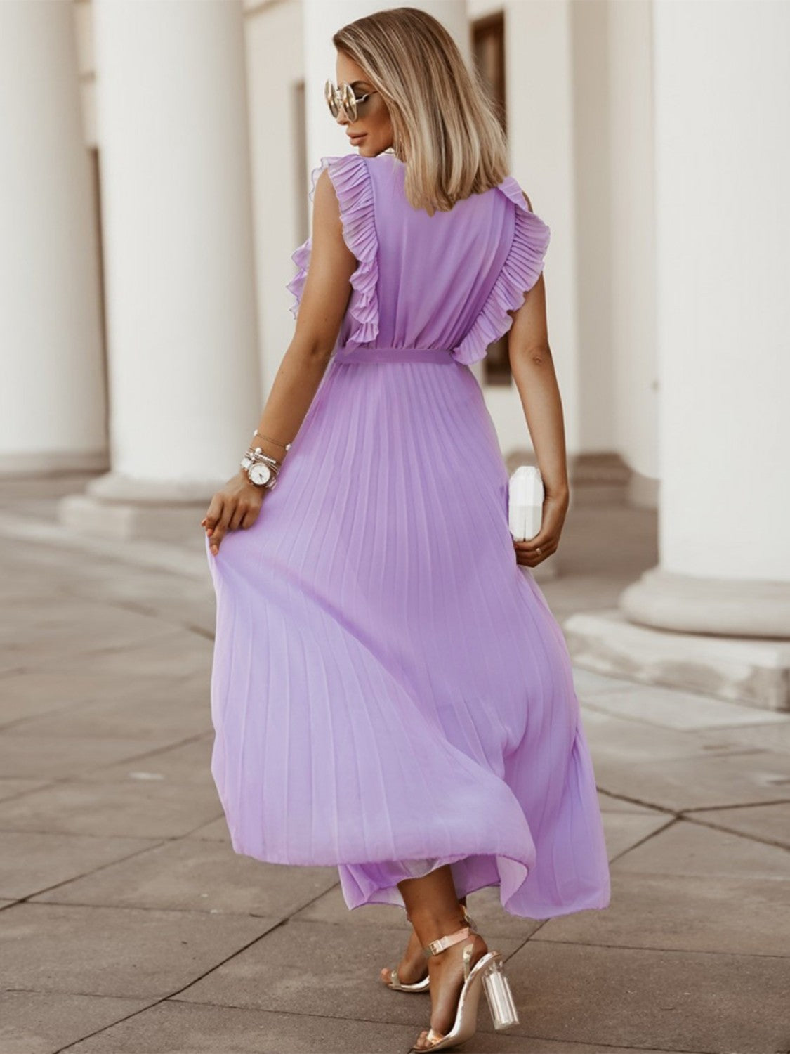 Tied Surplice Cap Sleeve Pleated Dress - Siennasass