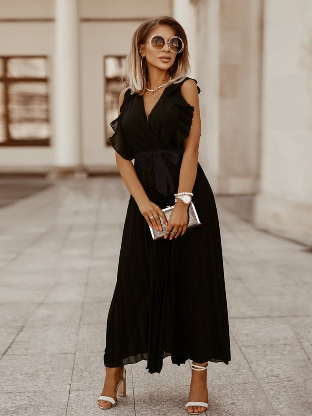 Tied Surplice Cap Sleeve Pleated Dress - Siennasass