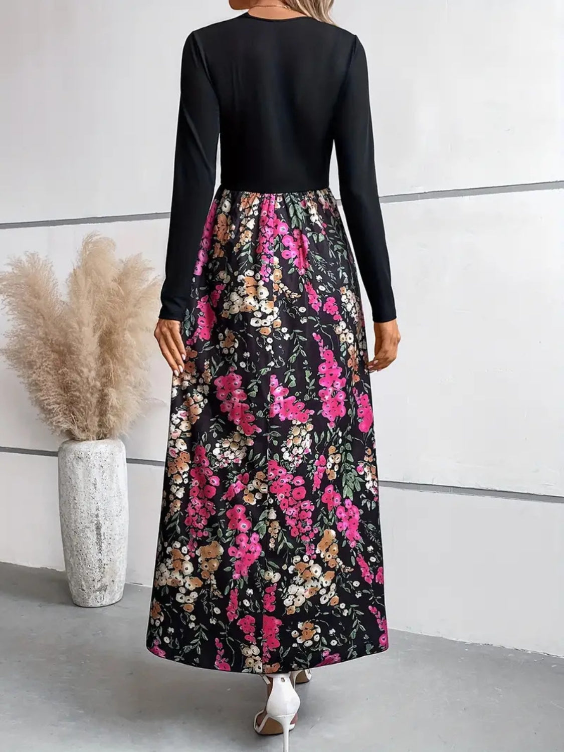 Floral Round Neck Long Sleeve Maxi Dress - Siennasass