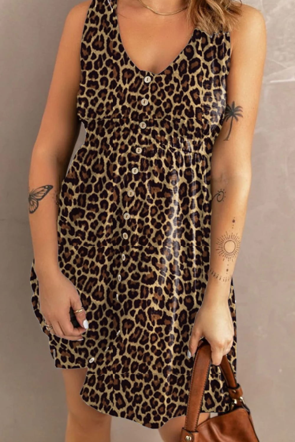 Double Take Printed Scoop Neck Sleeveless Buttoned Magic Dress with Pockets - Siennasass