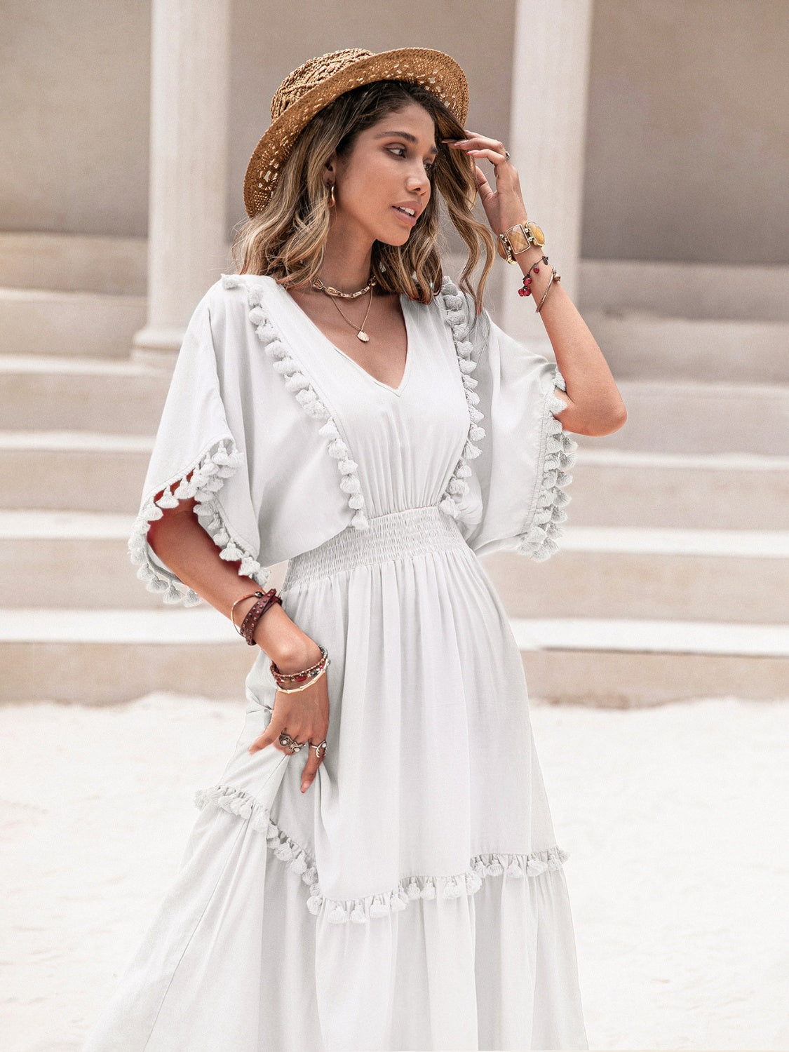 Tassel Trim Smocked V-Neck Short Sleeve Dress - Siennasass