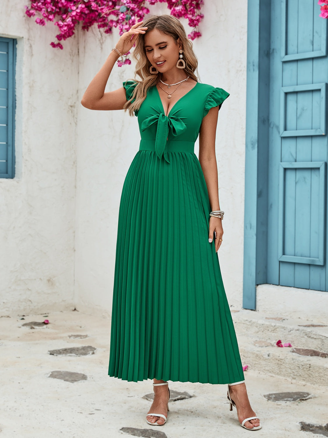 Tied Ruffled V-Neck Pleated Dress - Siennasass