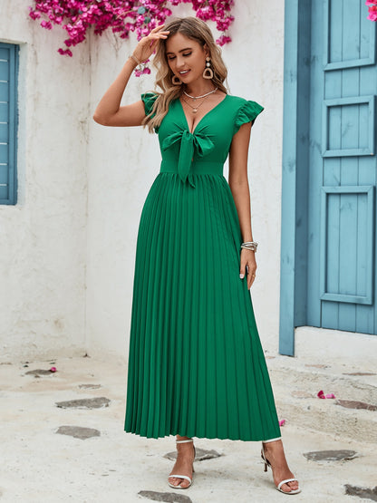 Tied Ruffled V-Neck Pleated Dress - Siennasass