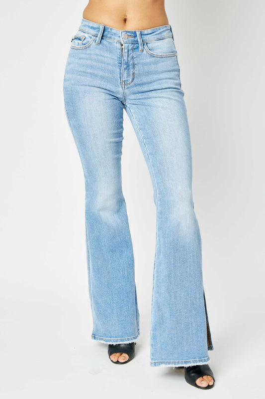 Judy Blue Full Size Mid Rise Raw Hem Slit Flare Jeans - Siennasass