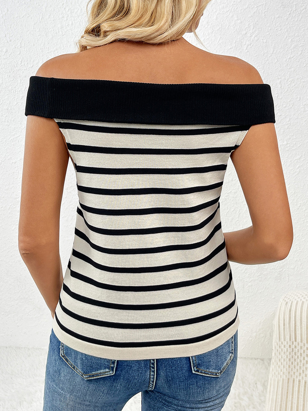 Decorative Button Striped Off-Shoulder Knit Top - Siennasass