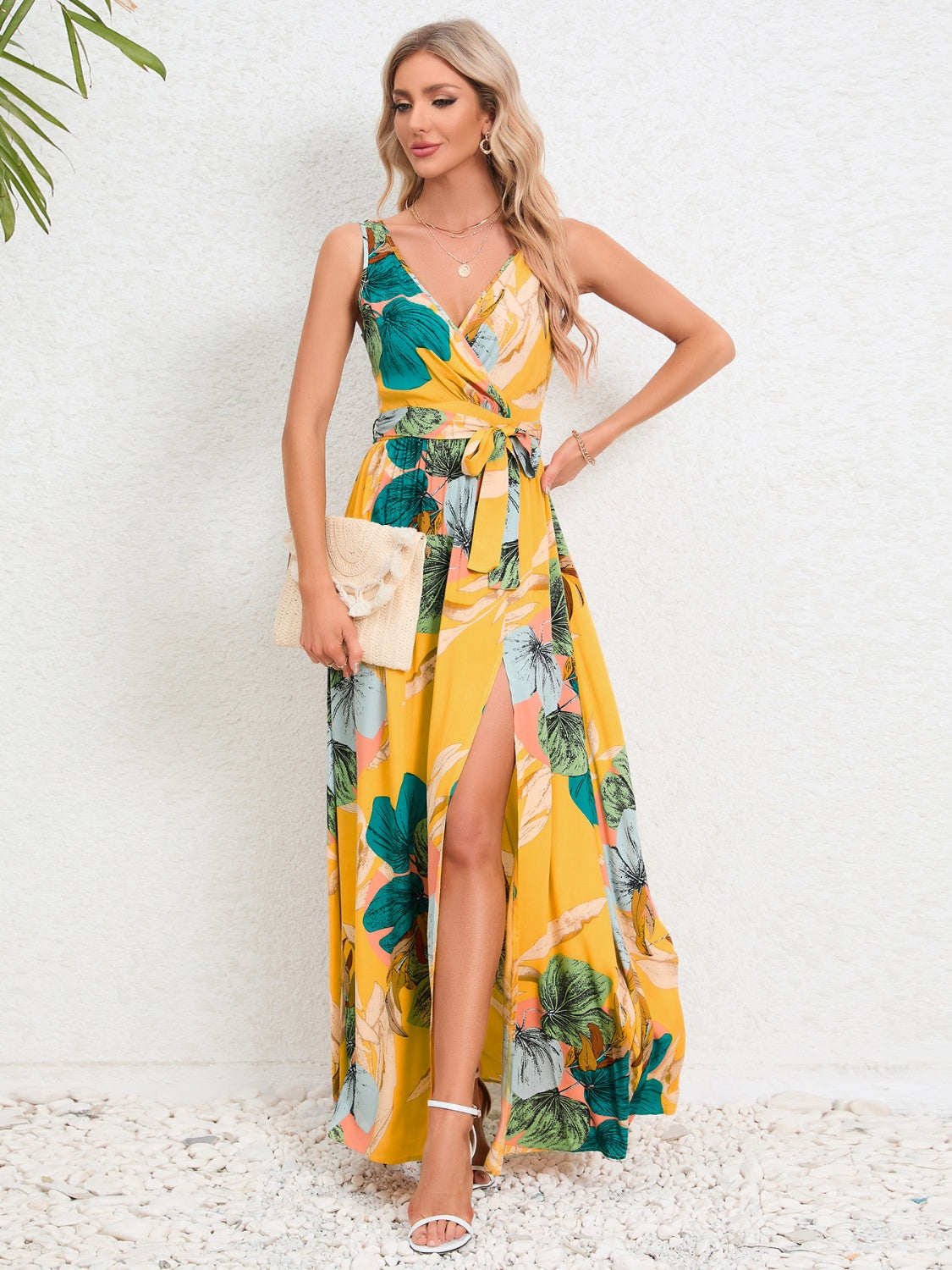Slit Tied Printed Surplice Dress - Siennasass
