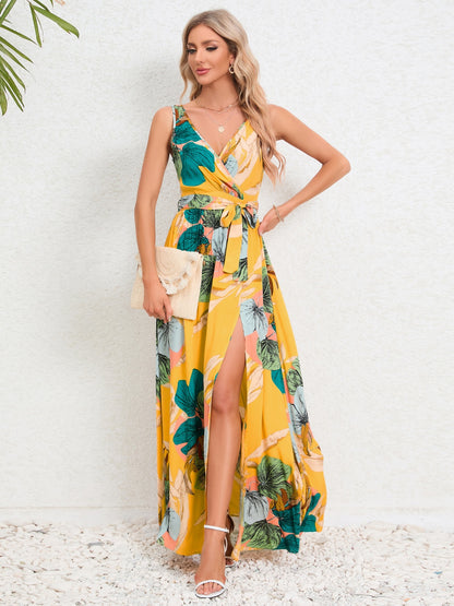 Slit Tied Printed Surplice Dress - Siennasass