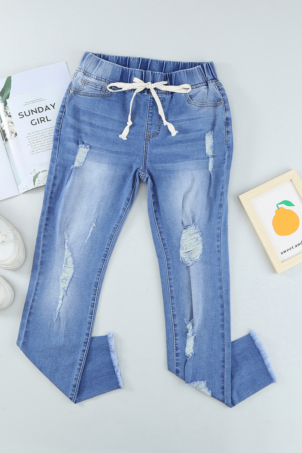 Drawstring Distressed Raw Hem Jeans with Pockets - Siennasass