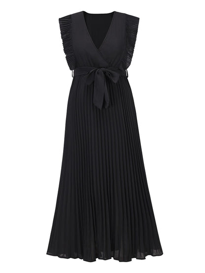 Tied Surplice Cap Sleeve Pleated Dress - Siennasass