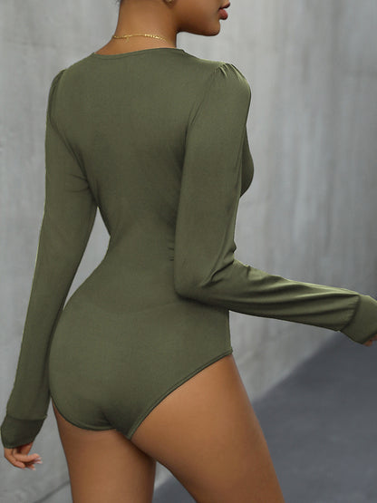 Lace Detail Plunge Long Sleeve Bodysuit - Siennasass