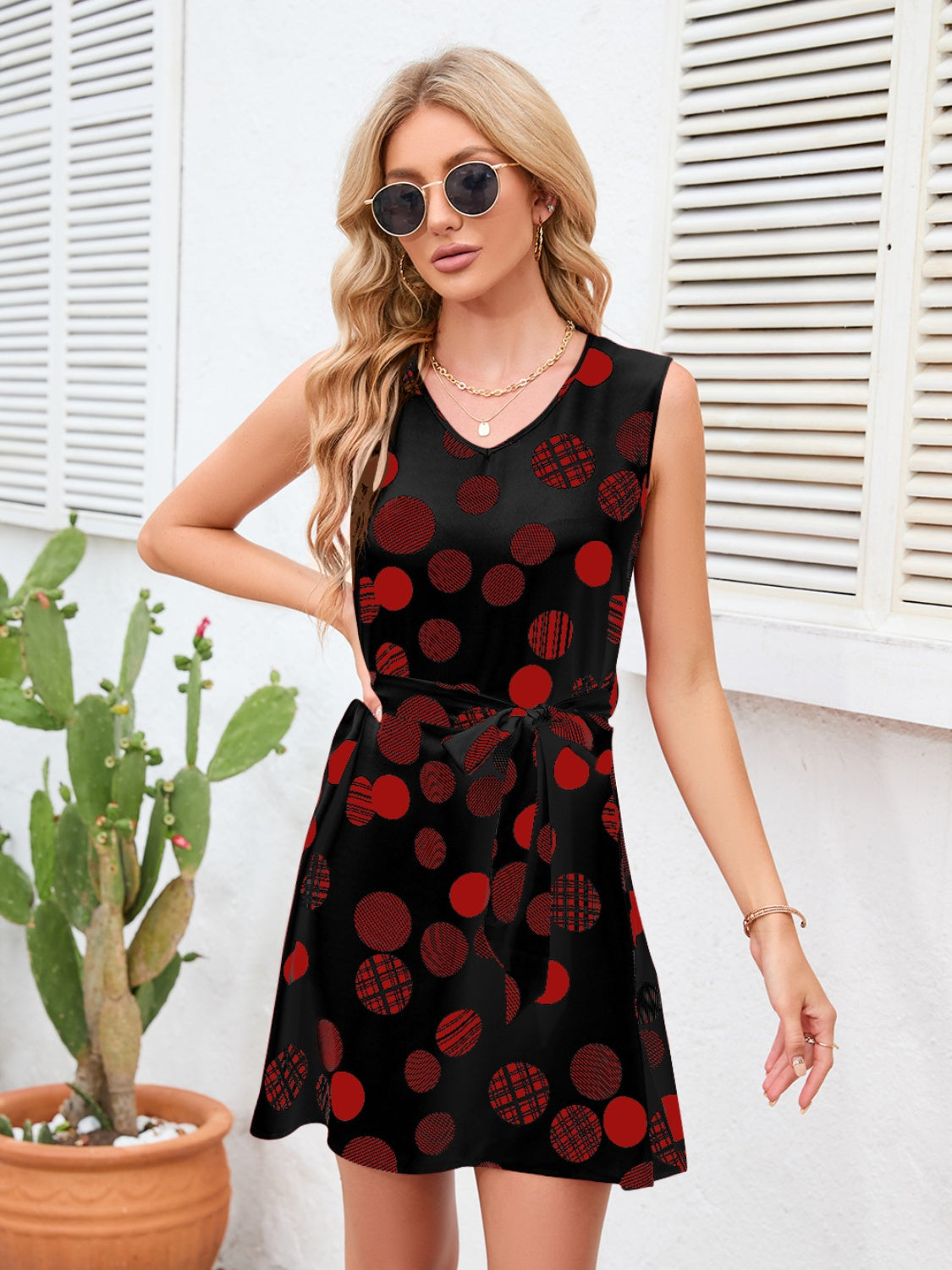 Tied Polka Dot V-Neck Dress - Siennasass