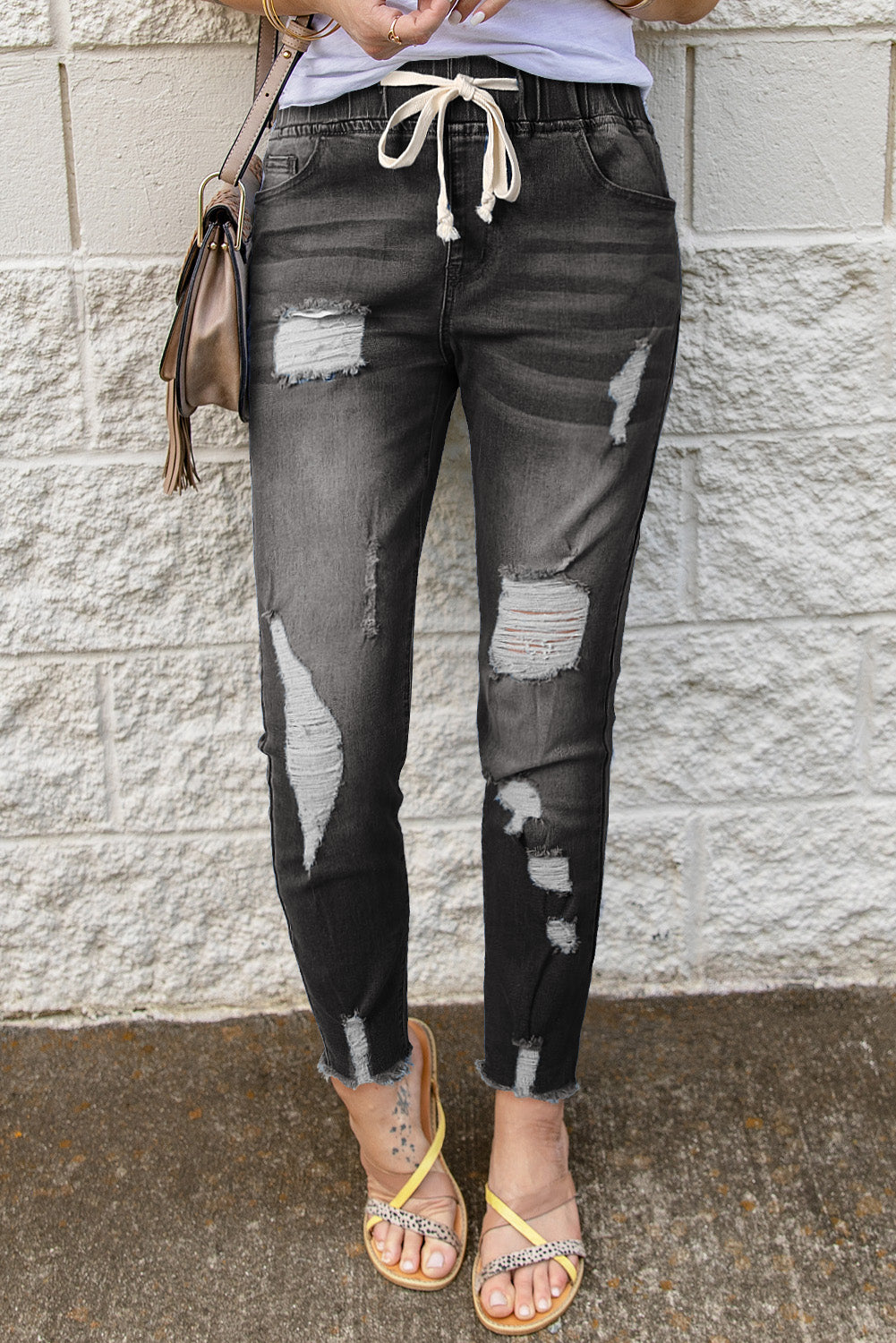 Drawstring Distressed Raw Hem Jeans with Pockets - Siennasass