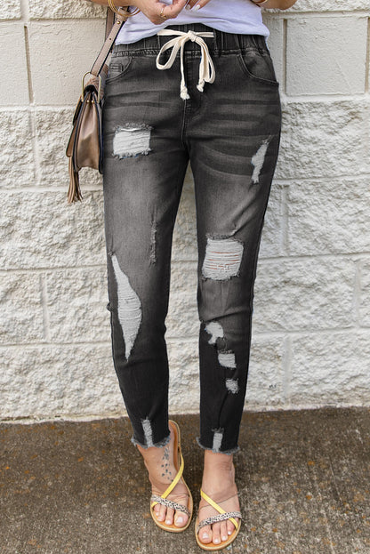 Drawstring Distressed Raw Hem Jeans with Pockets - Siennasass