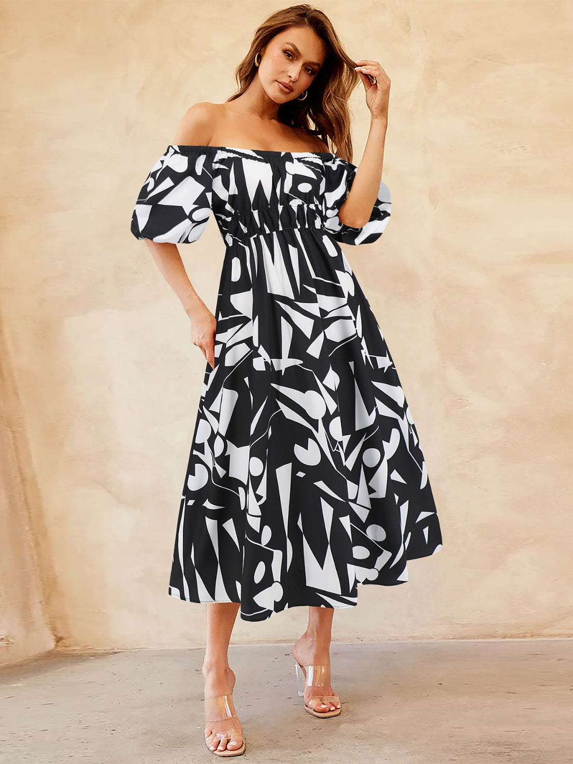 Printed Off-Shoulder Balloon Sleeve Dress - Siennasass