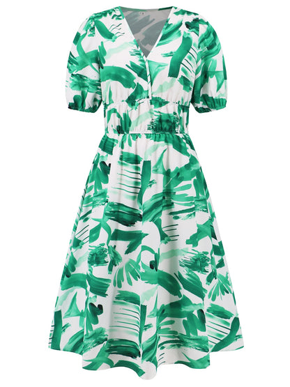 Ruched Printed Surplice Short Sleeve Dress - Siennasass
