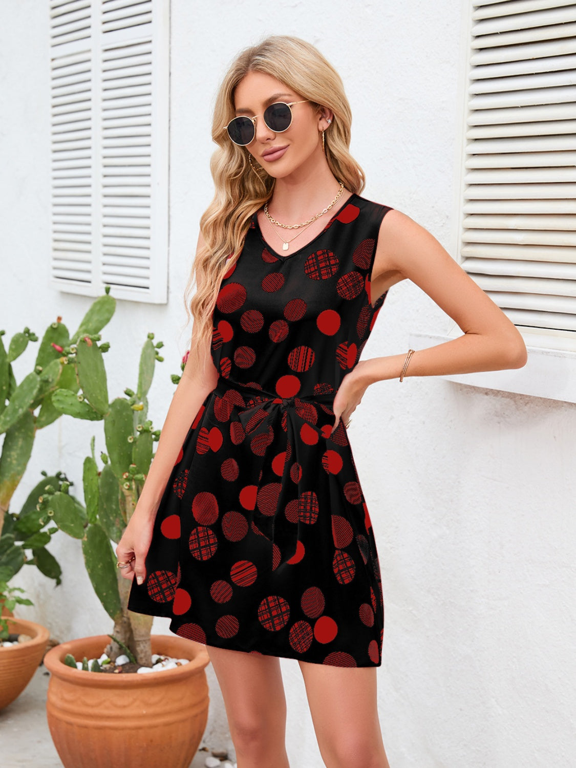 Tied Polka Dot V-Neck Dress - Siennasass