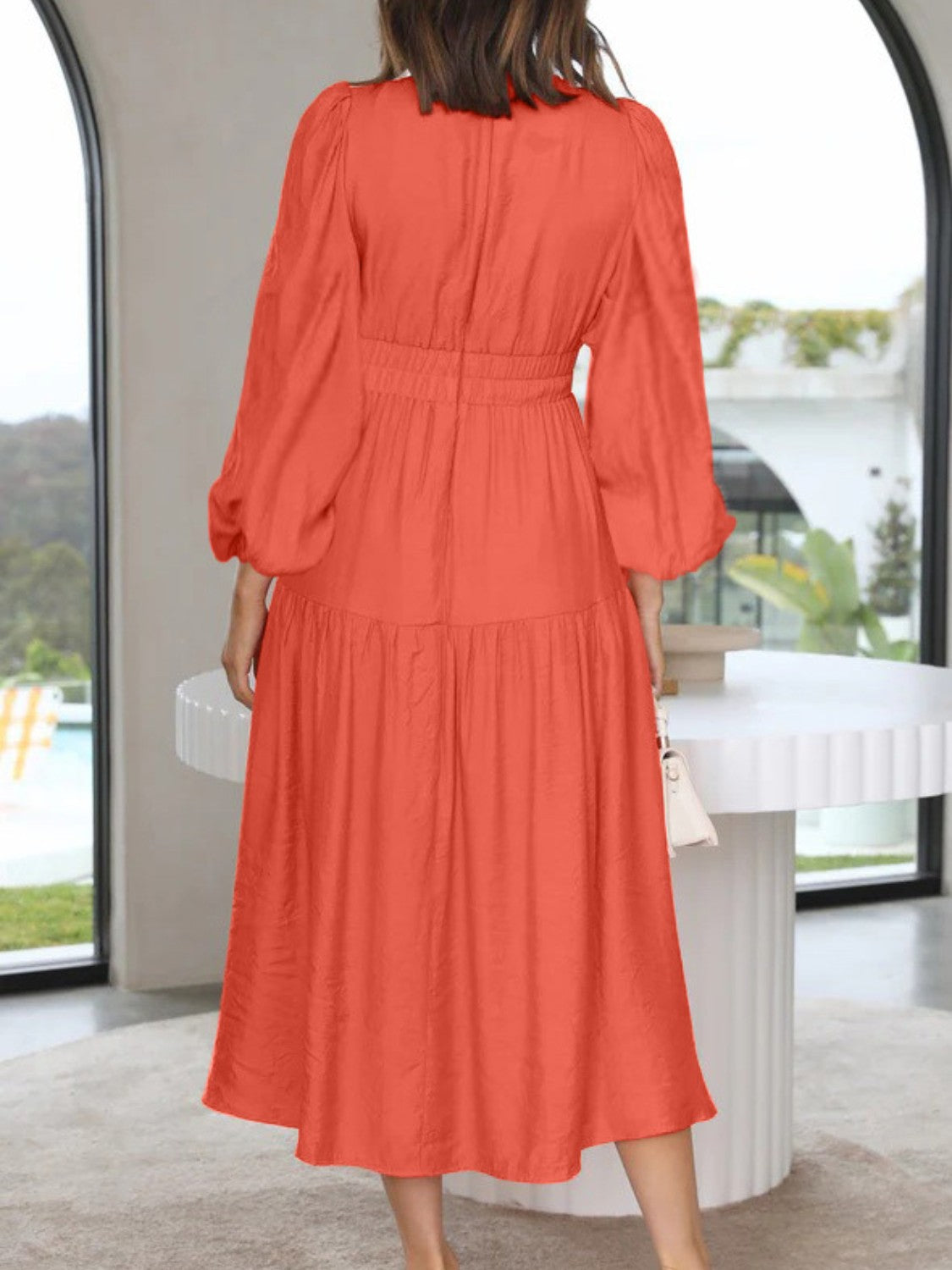 Deep V-Neck Balloon Sleeve Plain Maxi Dress - Siennasass