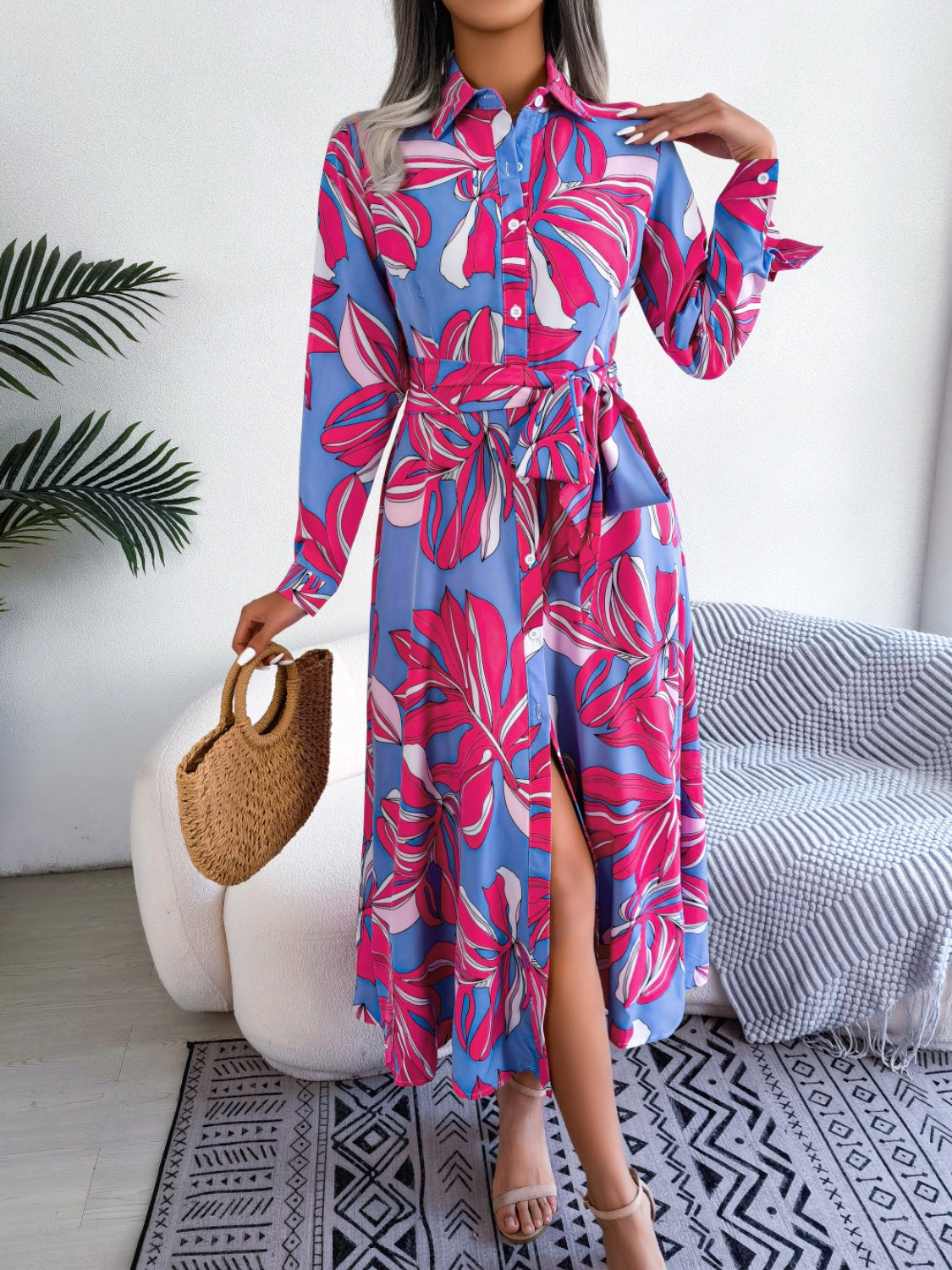 Tied Button Up Long Sleeve Dress - Siennasass