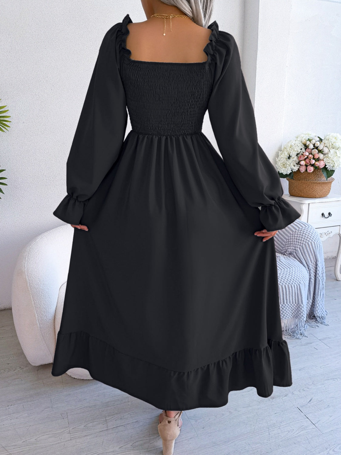 Smocked Square Neck Flounce Sleeve Dress - Siennasass