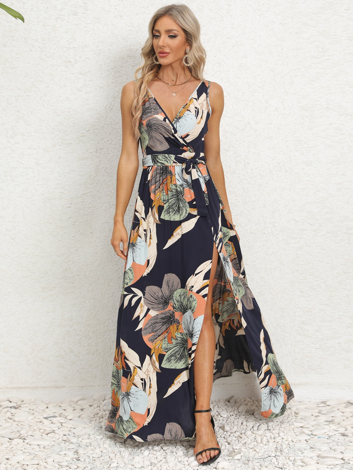 Slit Tied Printed Surplice Dress - Siennasass