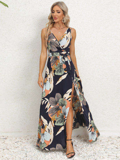 Slit Tied Printed Surplice Dress - Siennasass
