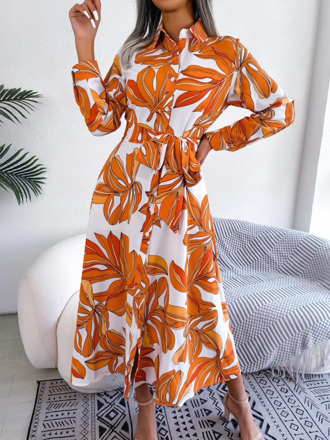 Tied Button Up Long Sleeve Dress - Siennasass