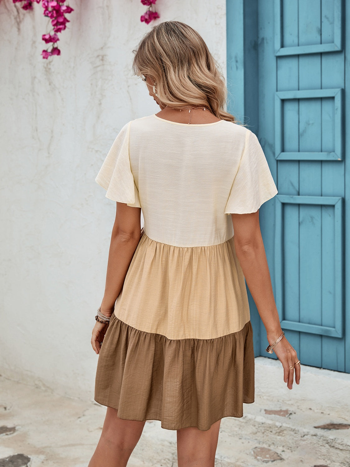 Color Block V-Neck Flutter Sleeve Mini Dress - Siennasass
