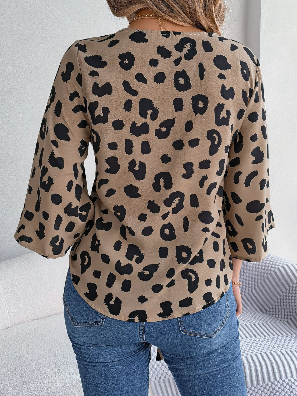 Tied Button Up Leopard V-Neck Blouse - Siennasass