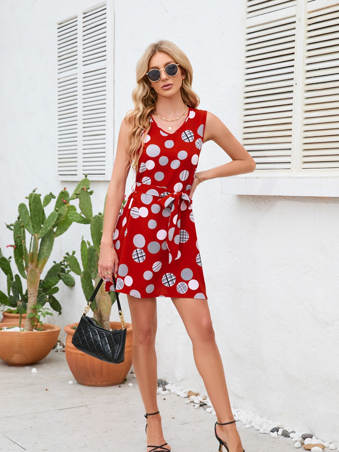 Tied Polka Dot V-Neck Dress - Siennasass